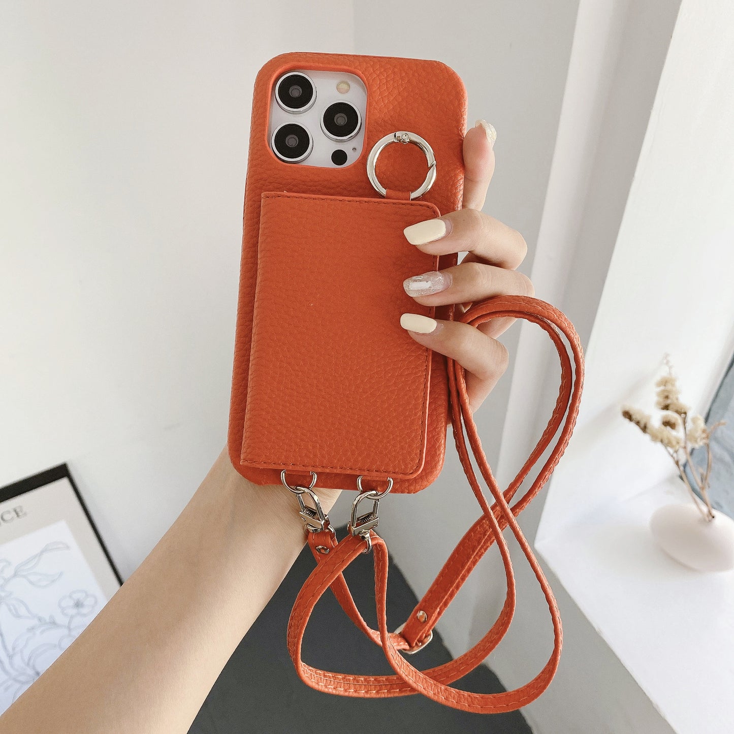 Lychee Pattern Left And Right Open Beauty Mirror Lanyard Phone Case